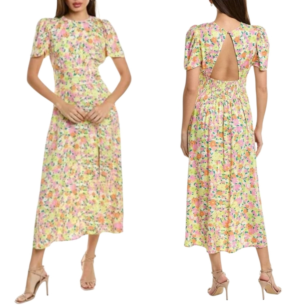 AFRM Jamie Open Back Midi Dress Yellow Limelight‎ Ditzy Floral NWOT